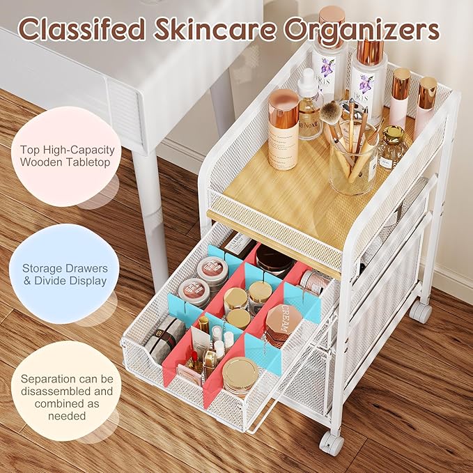 Hongtamoya Rolling Makeup Cart Organizer with 3 Drawers, Narrow Floor Skincare Organizers, Vanity Organizer Cosmetics Display Cases Holder for Skin Care Nail Polish Perfume Makeup Brush, White