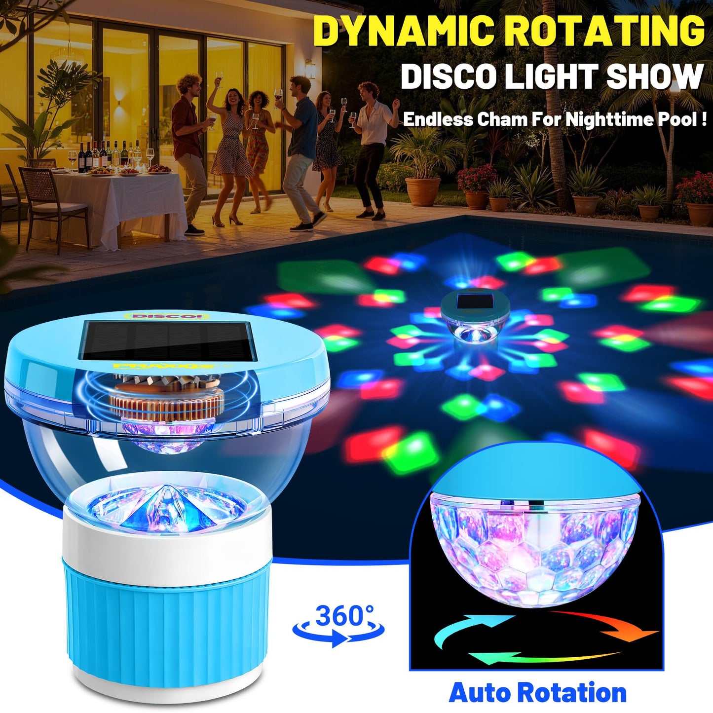 PRAXXIS Solar Chlorine Floater with Rotating Disco Light, Pool Chlorine Floater Adjustable Flow, Floating Chlorine Dispenser for Pool, Collapsible Chlorine Floater, Chlorine Floater for Hot Tub (Blue)