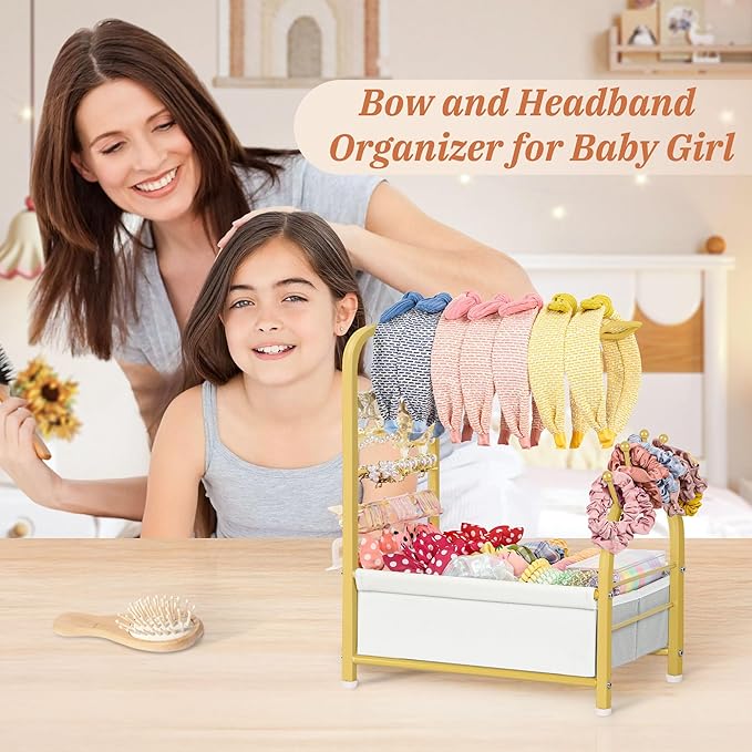 Keebofly Headband Holder Stand - Versatile Organizer for Scrunchies, Bows & Claw Clips - Compact Hair Accessories Storage for Girls, Women, Babies,Golden