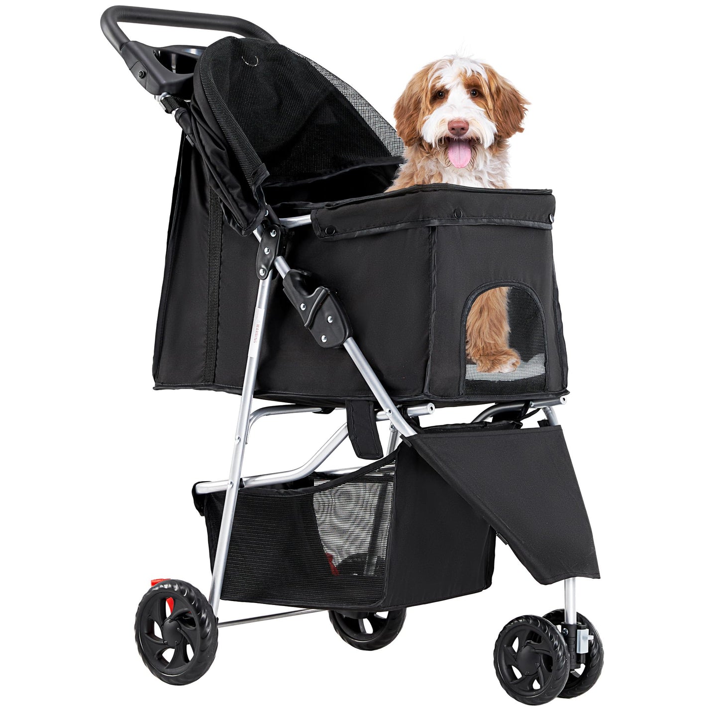 NEWBULIG Pet Stroller for Dogs, Cats Stroller with 3 Wheel, Foldable, Lightweight and Durable, Ideal for Small to Medium Pets, Includes Storage Basket and Cup Holders, Black