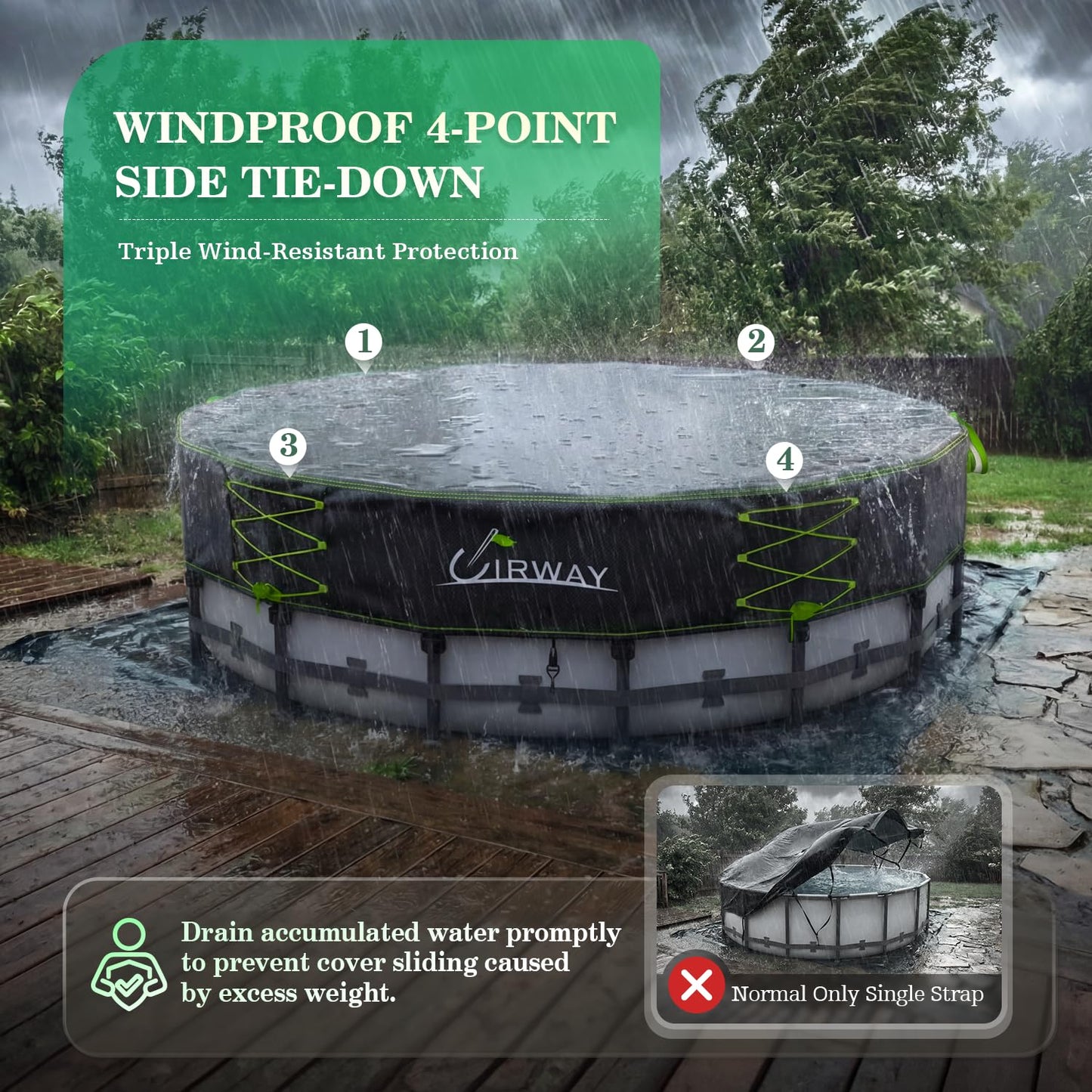 Uirway 600D Upgraded 12ft Round Pool Cover For Above Ground Pools, Solar Pool Cover Windproof Ratchet Locking System & Reflective Drawstring, heavy duty Pool Covers UV Protection, With Anti-Slip Strap