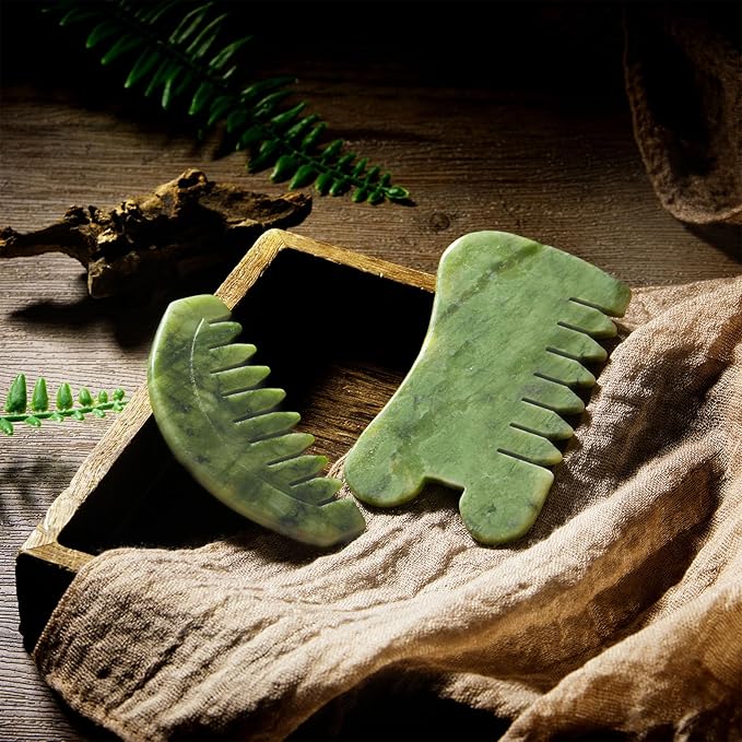BBTO 2 Pcs Jade Comb for Scalp Massage Gua sha Comb for Head Body spa Hair Multifunctional Handheld Massage Tools(Round, Classic Style)