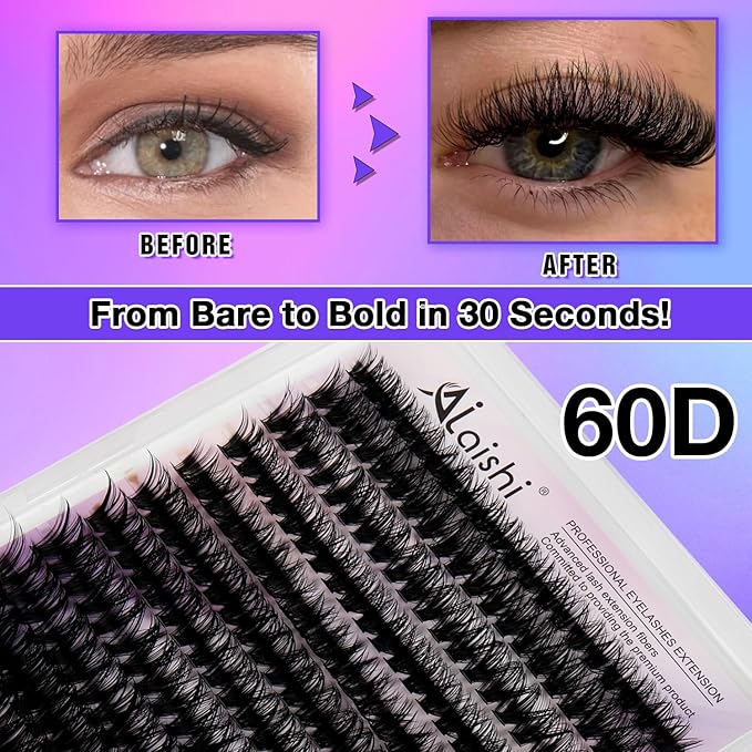 Lash Clusters, DIY Cluster Eyelash Extensions 9‑16mm, 60D, 280pcs D Curl Natural Volume Lashes–Fake Cat Eye Wispy Individual Clusters