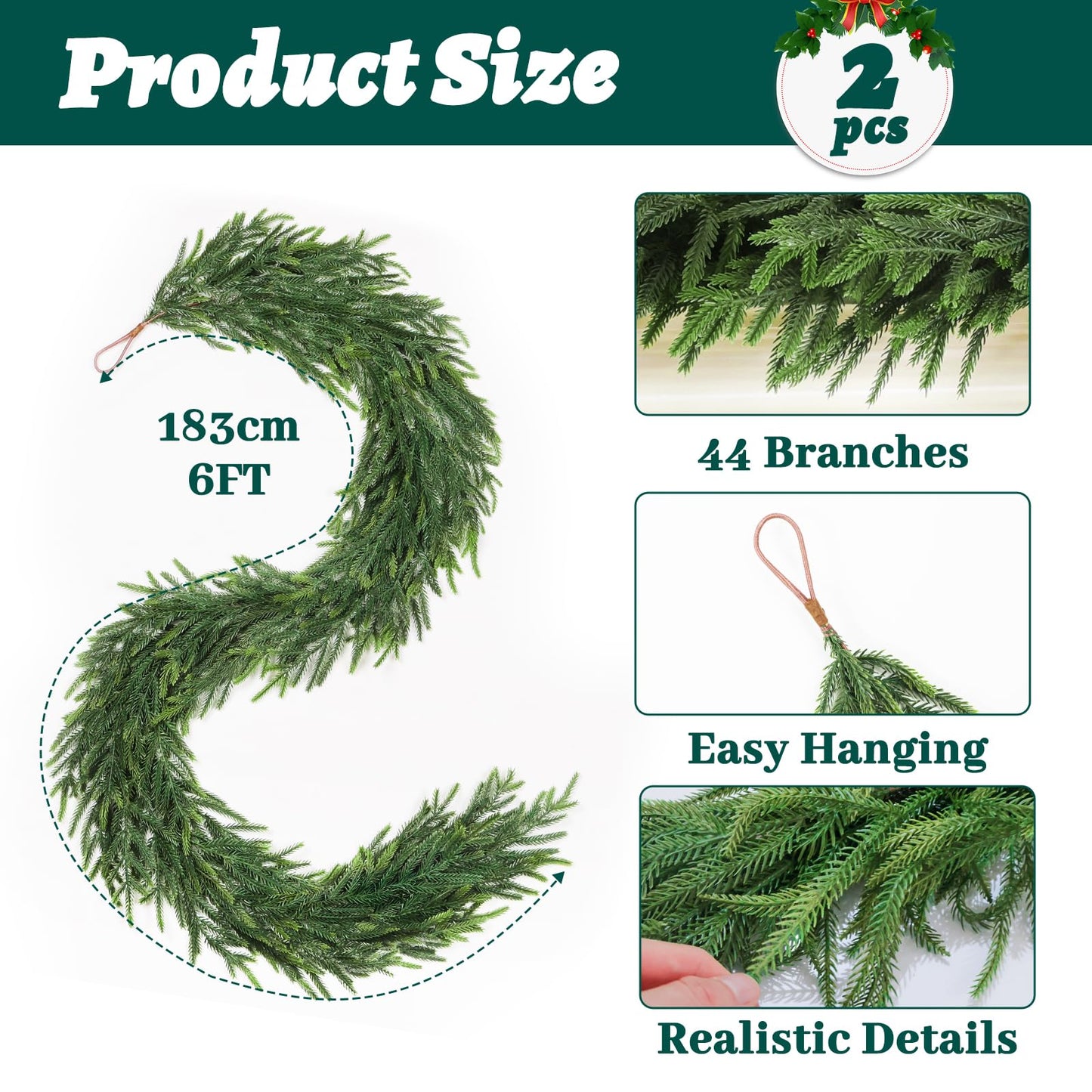 TOWPONICS 12FT（2 * 6FT） Christmas Norfolk Pine Garland, Real Touch Faux Green Garlands, Winter Artificial Greenery Garland for Mantle, Stairs, Table, Fireplace, Indoor & Outdoor Xmas Decorations