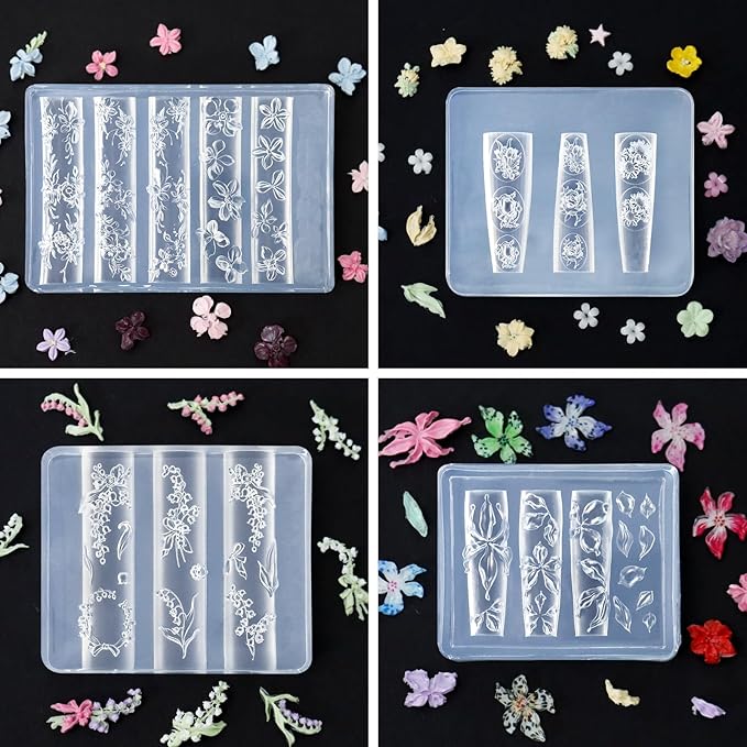 Laza 4pcs Silicone Nail Art Molds, Acrylic 3D Spring Summer Flower Nail Charms Molds Clear Modeling Templates Silicone Flowers Pattern Nail Tools with Sculpture Pen for Salon Nail Design