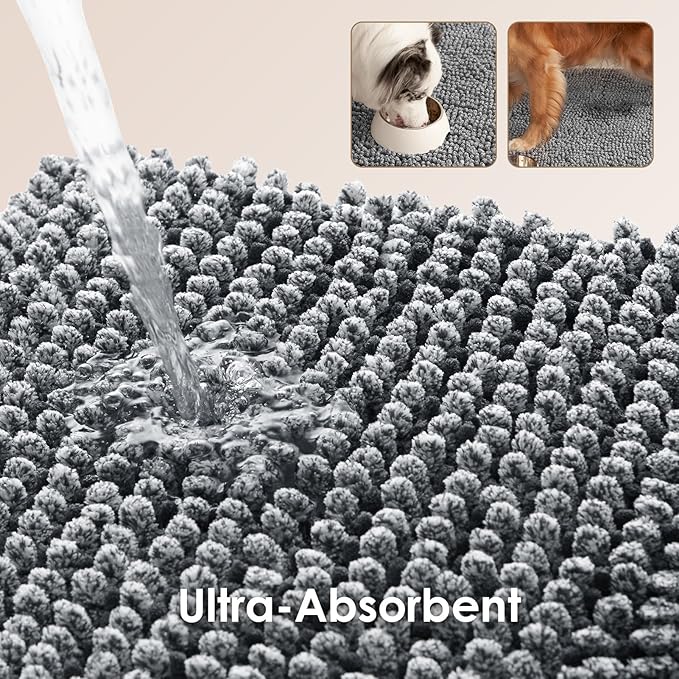 EHEYCIGA Super Absorbent Dog Door Mat for Muddy Paws 48x30 Inch Indoor, Front Doormat Outside Entrance, Quick Dry Chenille Washable Dog Crate Bed, Non-Slip Pet Rug Mud Mat Outdoor Entryway, Grey