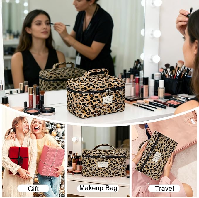1pc Large Makeup Bag, Cute Cosmetic Bag for Women Girls, Floral Coquette Aesthetic Toiletry Bag, Travel Make Up Organizer Bag (Leopard Print)