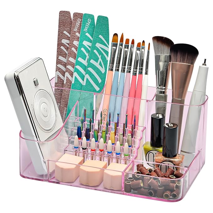 CGBE Nail Drill Holder, 28 Holes Transparent Acrylic Drill Bit Holder for Nails, Professional Nail Tool Organizer and Nail Desk Organizer -Pink (Not Including Nail Drill Machine & Bit)