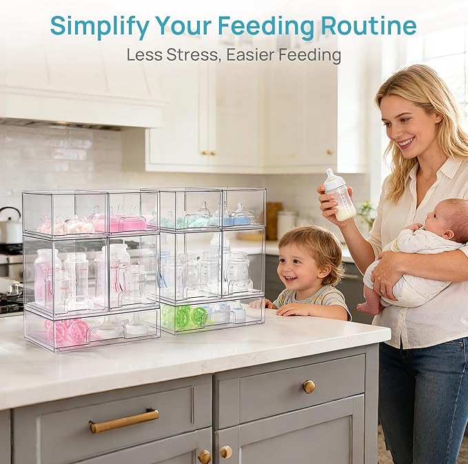 Vtopmart 10 Pack Clear Baby Bottle Organizer Set, Stackable Storage Drawers Ideal for Kichen Countertop, Vanity, Bathroom, Cabinet, Pantry Organization