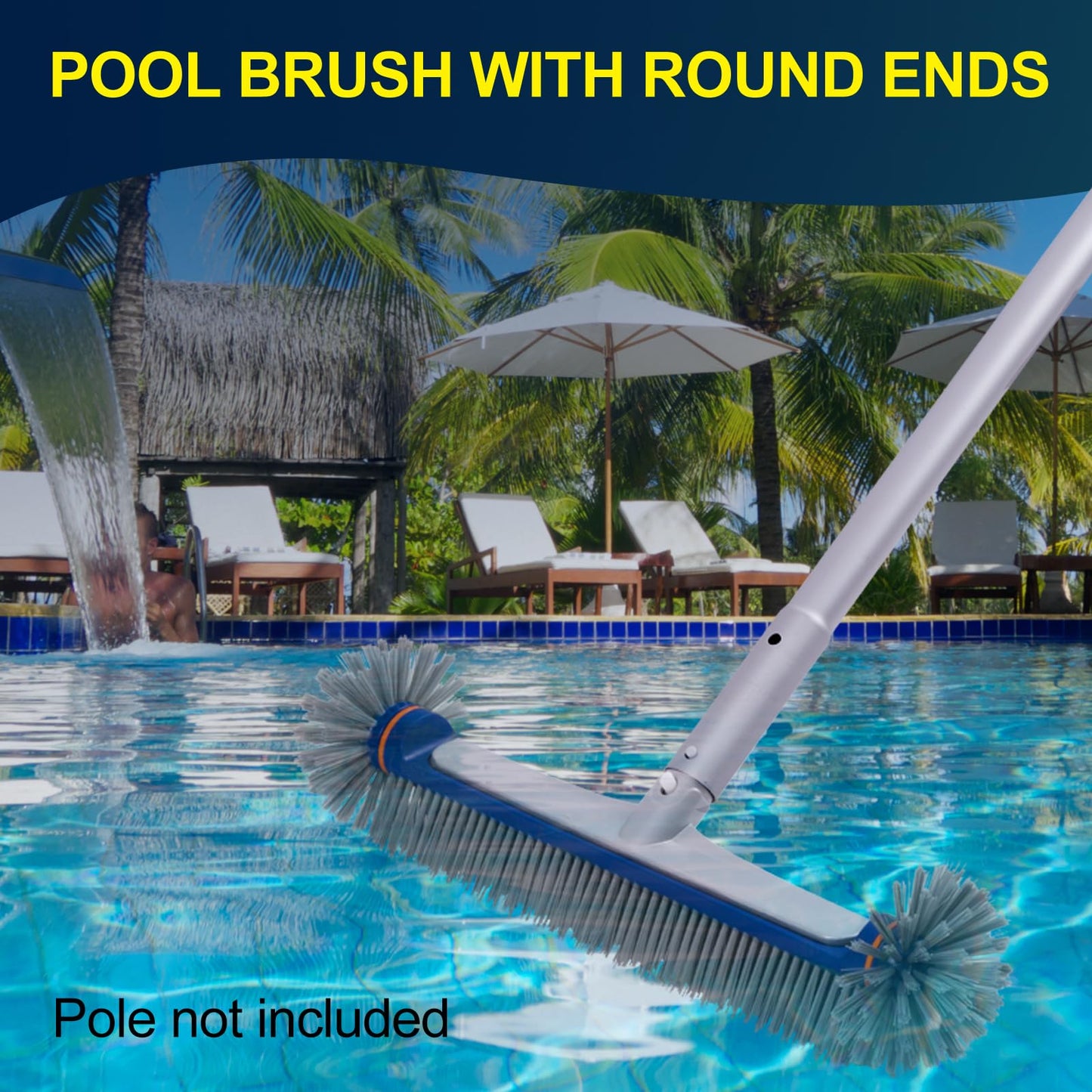 POOLAZA 360 Degree Pool Brush - Heavy Duty 17.5" Pool Brush Head for inground Pools/Above Ground Pools, Spa, Hot Tub, Premium Bristle & Aluminum Handle for Standard Pool Pole