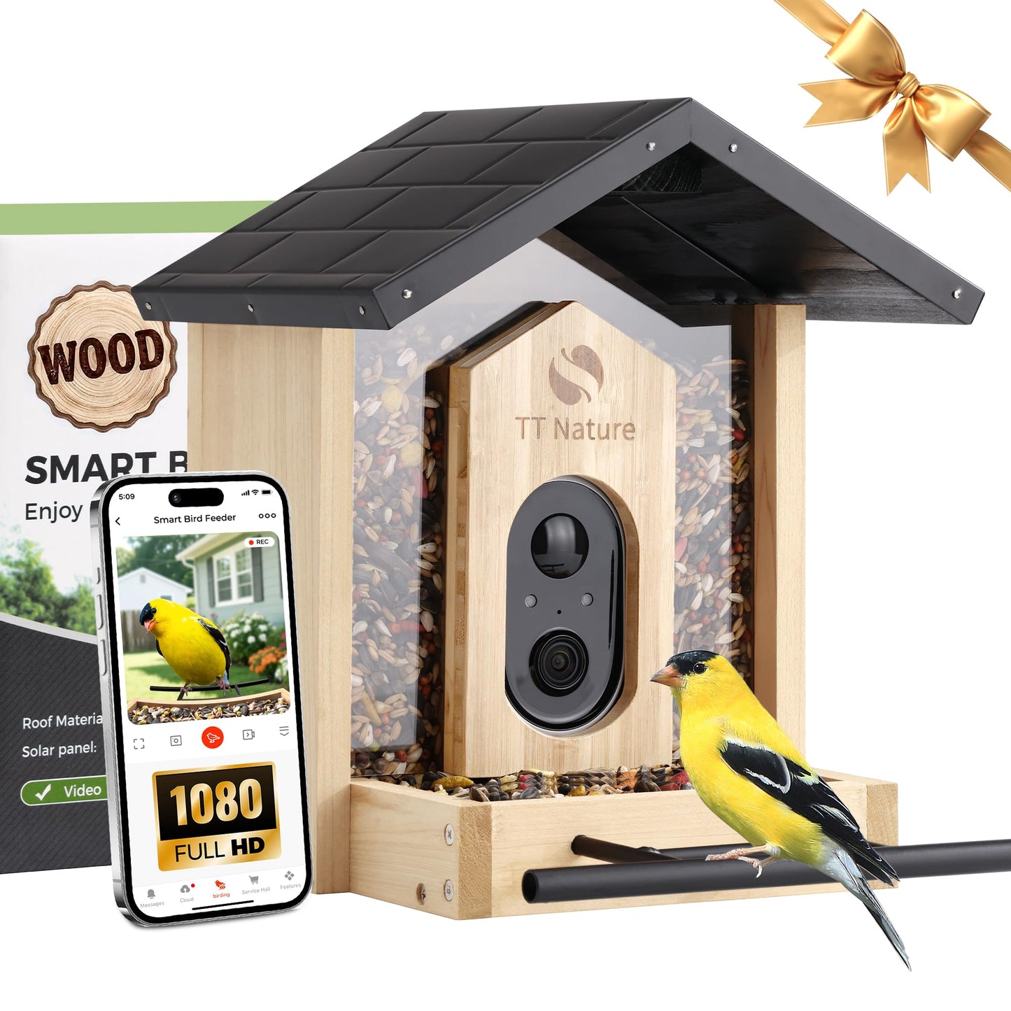 TT Nature Bird Feeder with Camera, Upgraded 1.5L Smart Birdhouse Al Identify for 10000 Plus Species, Auto Capture & Real-time Notifications, Ideal Gift for Bird Lovers (Iron Roof)