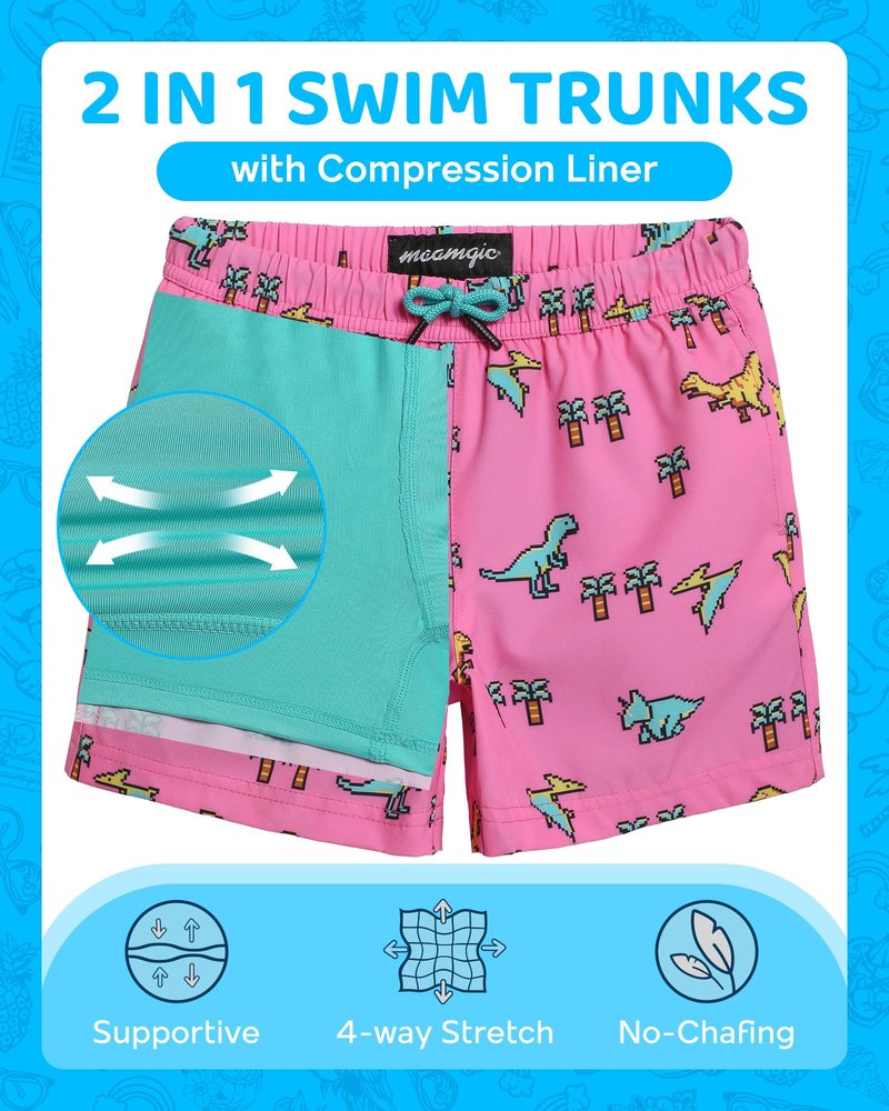 maamgic Boys Swim Trunks with Compression Liner 4-Way Stretch Quick Dry Swim Shorts Swimming Trunks Toddler Boy Dinosaur Pink 14-16 Years
