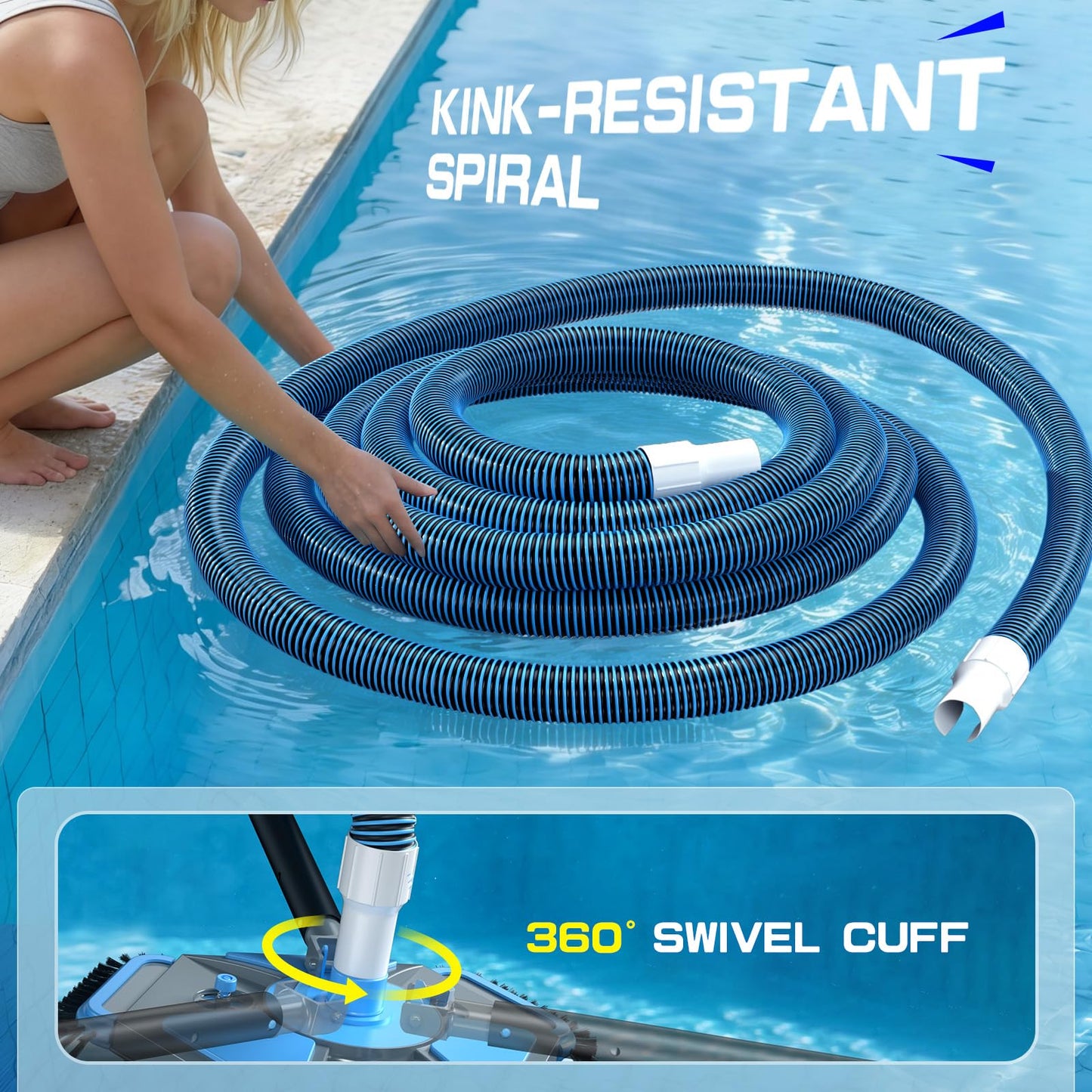 UIRWAY Upgrade Pool Vacuum Head with Side Brush & 360° Swivel Cuff, Heavy Duty Manual Kink-Resistant 1-1/2" x 30 Ft Vacuum Hoses, Weighted Triangular Shape for Inground & Above Ground Pool(No Pole)