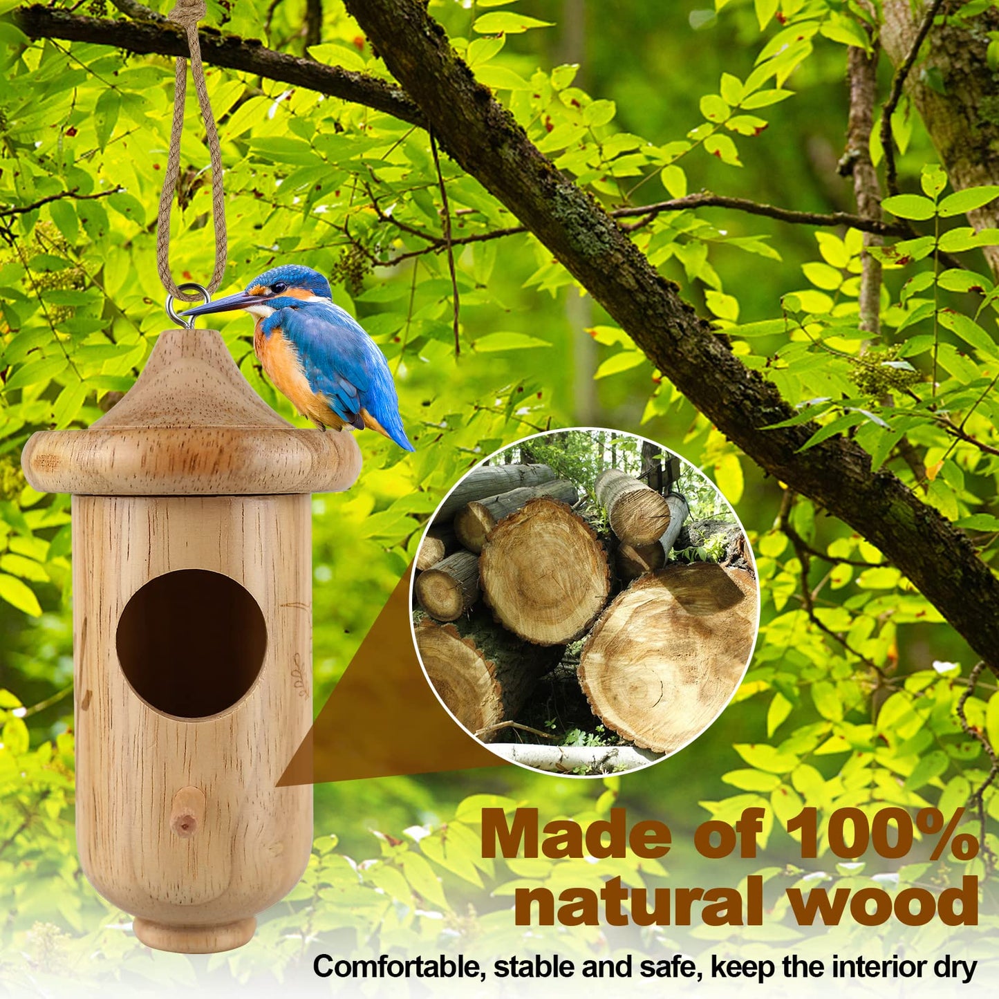 Hummingbird House for Outside Hanging, Small Wooden Hummingbird Gifts Nest 3 Pack with Hemp Ropes, Gardening Gifts Humming Bird Houses Home Decoration