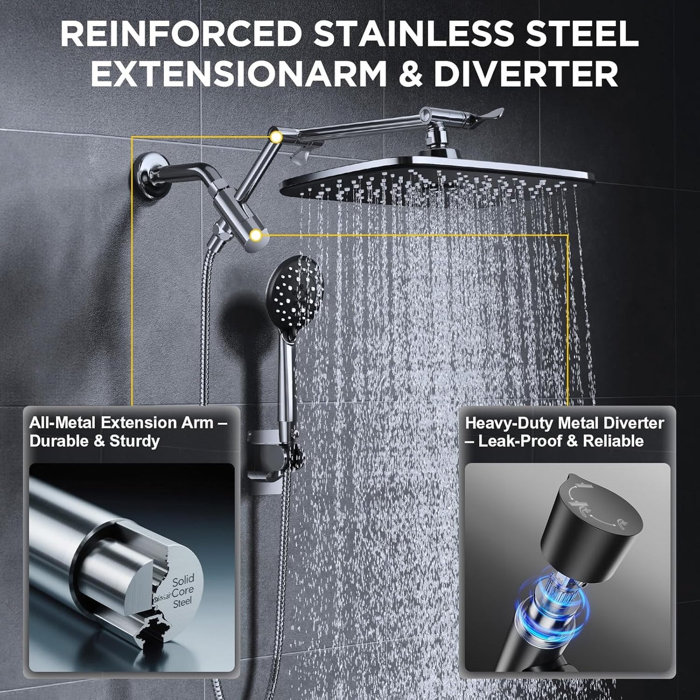 Veken Wide High Pressure Rain Shower Head with Handheld, Handheld Shower Heads with Multi Spray Modes, Rainfall Combo with 15" Metal Extension Arm,Detachable Dual Shower, Bathroom Decor,Chrome Silver