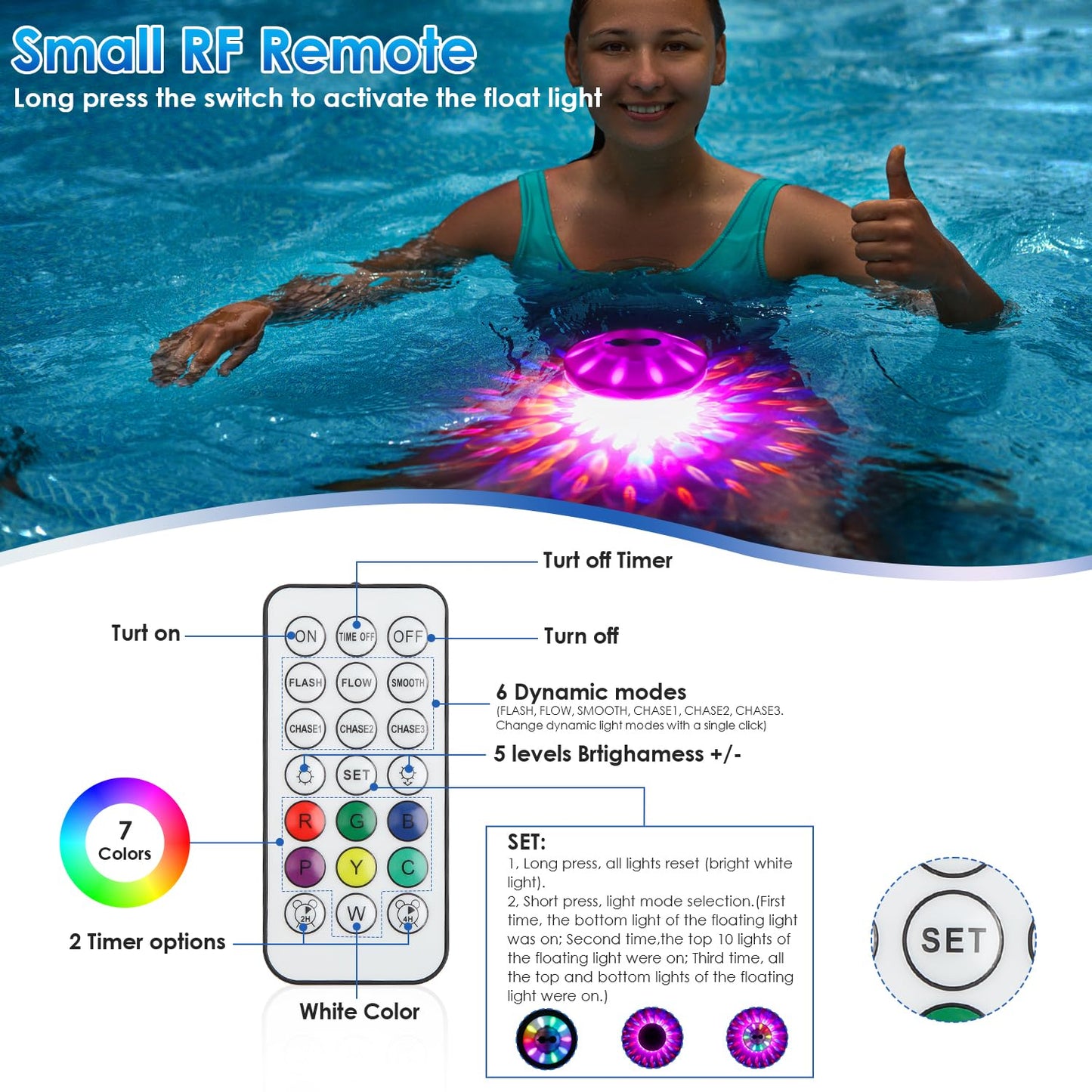 QOLNBY Floating Pool Lights(4 Pack), Pool Light with 6 Dynamic Lighting Effects, IP68 Waterproof Pool Lights that Float, Rechargeable RGB Upper and Lower Color Changing Lights for Hot Tub, Patio