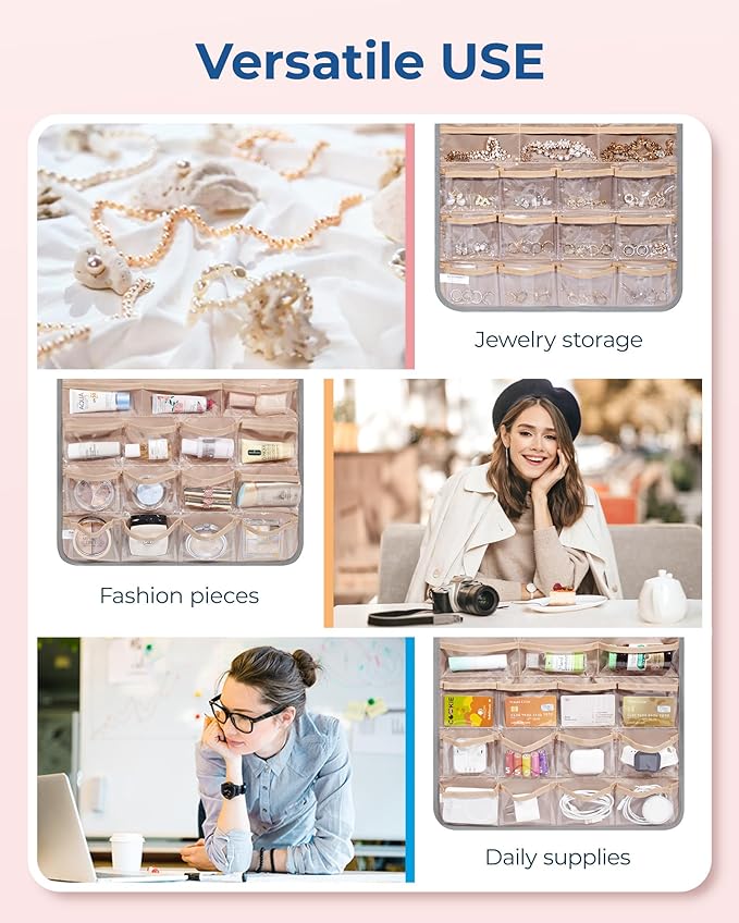BAGSMART Hanging Jewelry Organizer, Necklace Holder Anti-tangle Earrings Rings Hanger with Pockets Hang on Closet, Wall, Door,1 Piece, Extra Large Grey