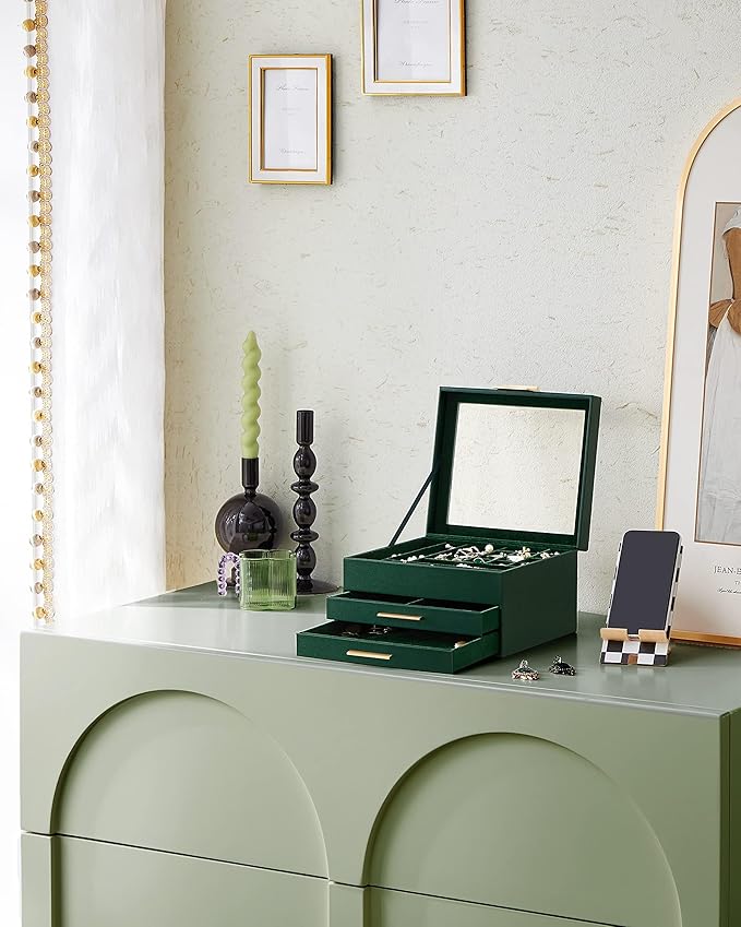 SONGMICS GISELLA Collection - Jewelry Box Organizer, 3-Layer Jewelry Storage with 2 Drawers, Shiny Metal Hardware, Glass Lid, Modern, 8 x 9.1 x 5.3 Inches, Forest Green and Gold Color UJBC239C01
