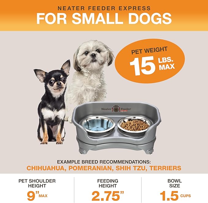 Neater Feeder Express Mess Proof Dog Bowls Elevated for Small Breeds Under 15 Lb, Made in USA, No Spill Raised Dog Food Bowl Stand, Stainless Steel Food and Water Bowl Set, Feeding Station, Grey