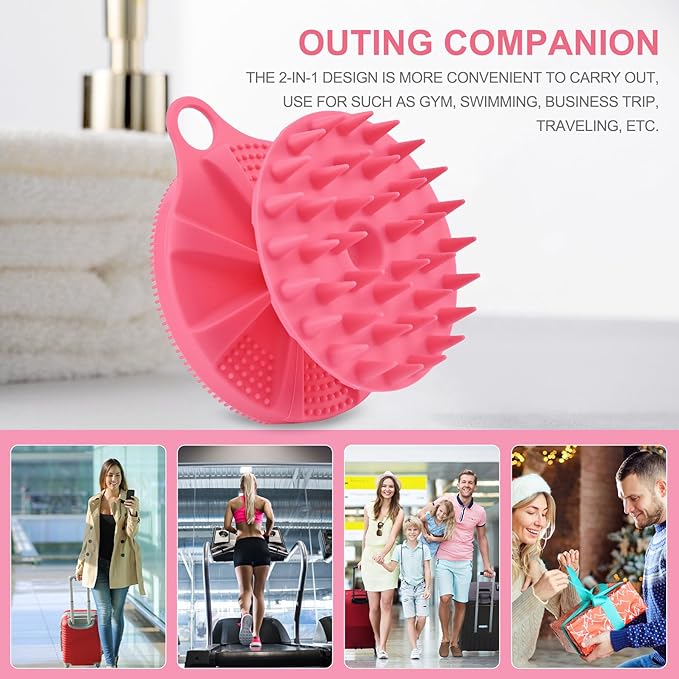 INNERNEED 2-in-1 Silicone Body Scrubber and Scalp Massager Shampoo Brush, Food-Grade Soft Material, More Hygienic, Easily Lather, Convenient for Travel, Gym, Business,etc (Pink)