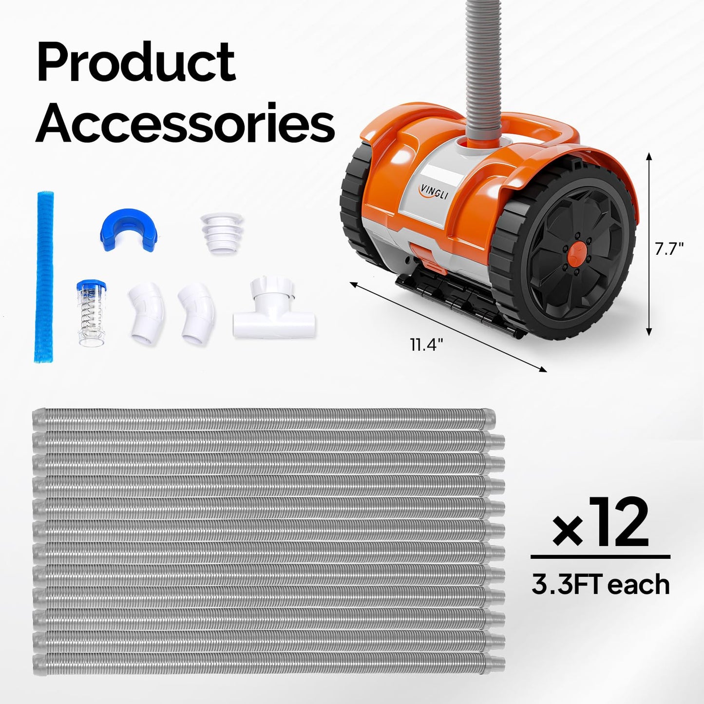 (2025 Upgrade) VINGLI Automatic Suction-Side Pool Vacuum Cleaner, Powerful Wall-Climbing Sweeper for Inground Pools, Includes 39.6ft Tangle-Free Hose (Orange&Gray)