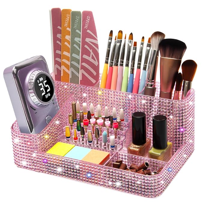 CGBE Nail Drill Holder, 28 Holes Drill Bit Holder for Nails, Professional Nail Tool Organizer, Nail Desk Organizer for Nail Tech, Nail Salon DIY Use - Diamond LightPink