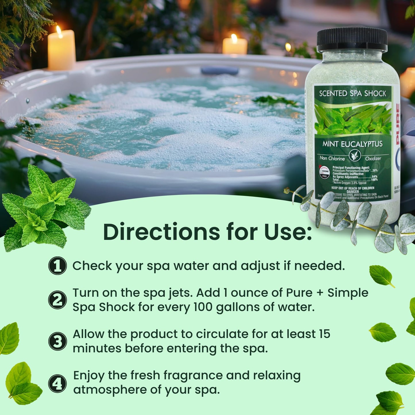 Eucalyptus Scented Spa Shock- Non-Chlorine Shock for Any Spa or Hot Tub-Use with Bromine Tablets or Spa Chlorine. Fragrance Infused Oxygen Crystals Treat Water and Oxidize Chemical Odors
