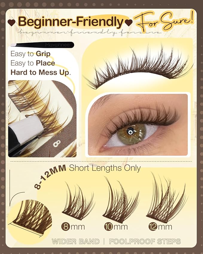 8-12MM Brown Lash Clusters Kit Natural Eyelash Clusters Wispy Cluster Eyelash Extensions Kit Fluffy Individual Lash Extensions with Bond and Seal for Soft Glam (180Pcs, C Curve)