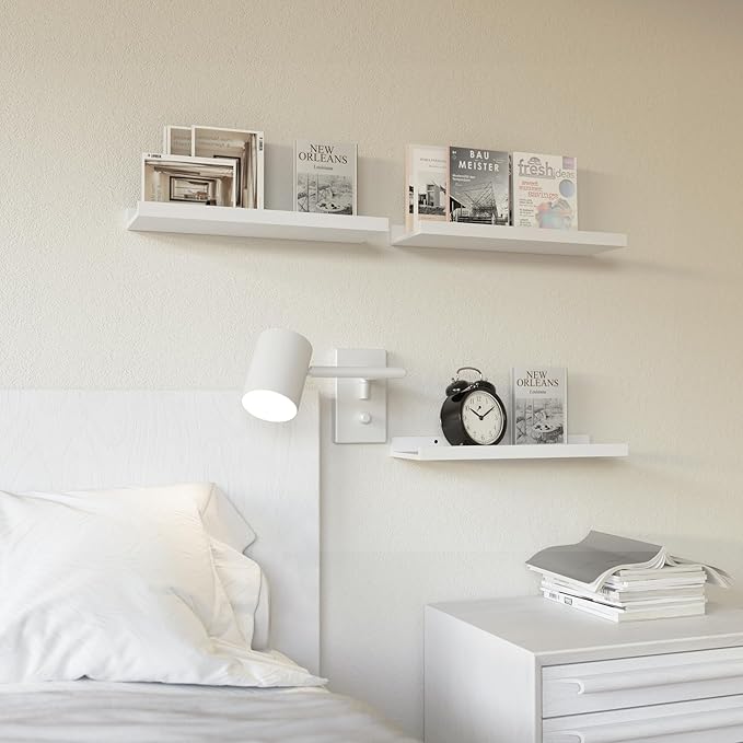 RICHER HOUSE 3 Set White Floating Shelves, 16 inches Wall Mounted White Shelves for Wall Decor, Picture Ledge Shelf with Lip for Storage Nursery, Bedroom, Living Room, Bathroom - White