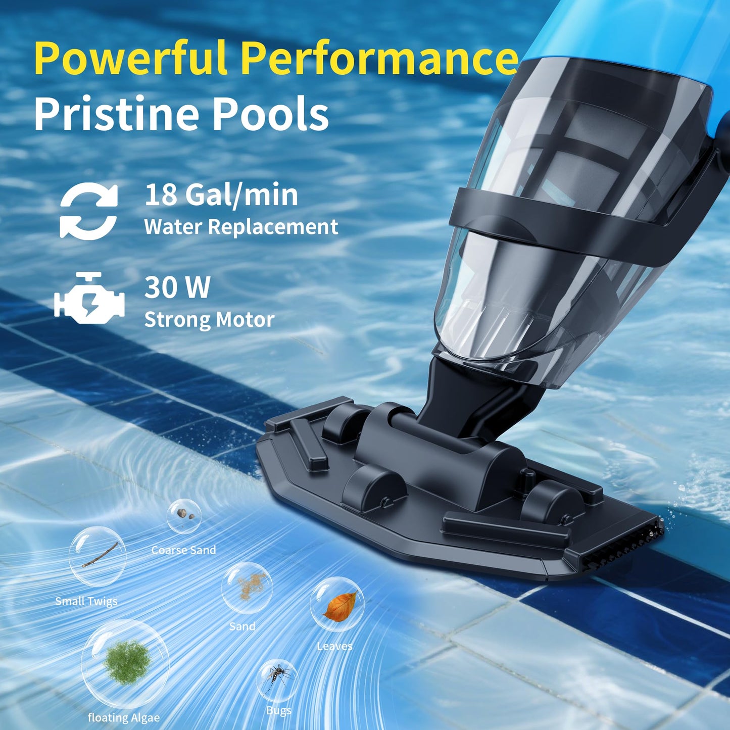 Handheld Pool Vacuum for Above Ground Pools,Cordless Pool Vacuum with Powerful Suction up to 18GPM, Ideal for Leaves and Debris,Pool Vacuum for Hot Tubs and Inground Pools