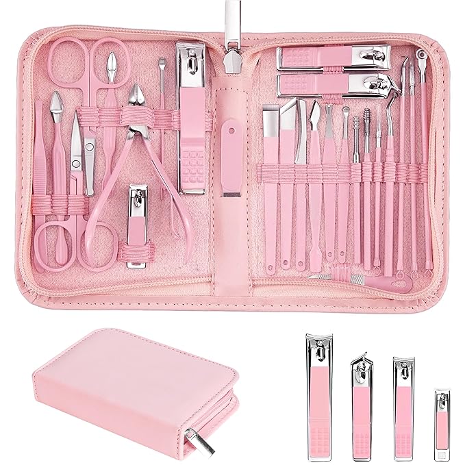 Nail Clippers Set, 26 Piece Manicure Set & Pedicure Kit, Stainless Steel Fingernail & Toenail Clipper Cutters, Professional Nail Care Tools with Luxurious Travel Case for Men and Women, Pink
