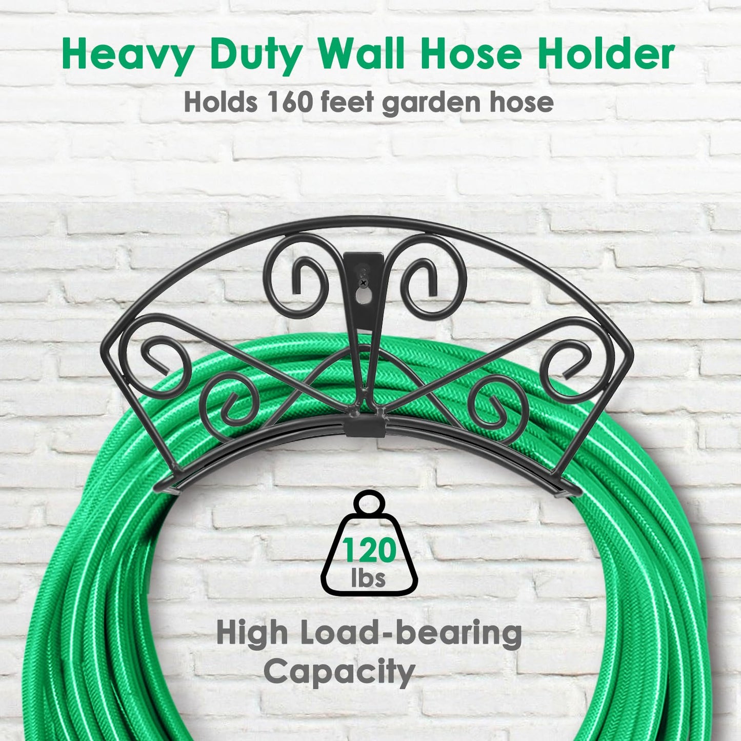 TomCare Garden Hose Holder Extra Large Water Hose Holders Holds 160 FT Hoses Heavy Duty Metal Hose Hanger Wall Mount Decorative Garden Hoses Storage Organizer Reels for Outside Yard, Black