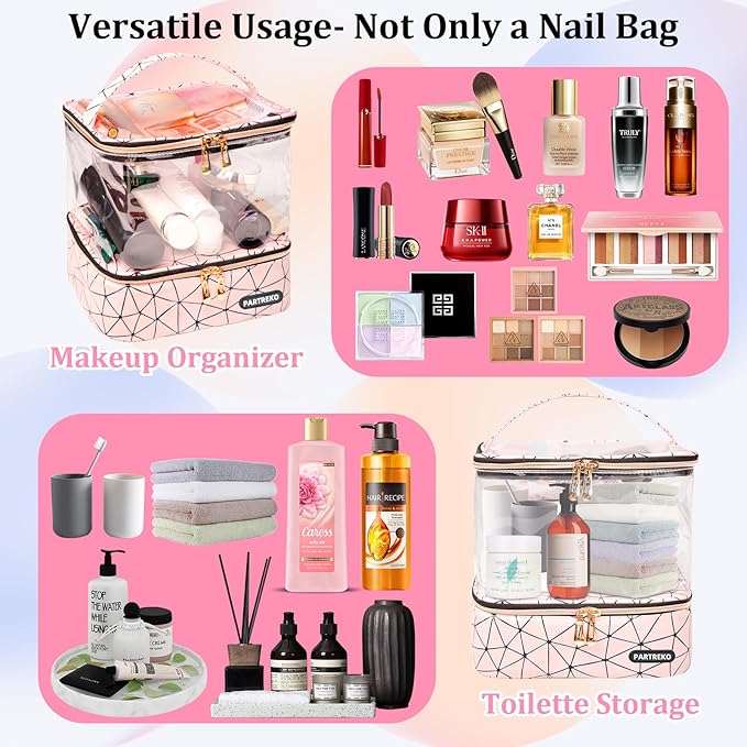 Clear Nail Polish Organizer Holds 60 Bottles (15ml/0.5fl.oz)& Nail Lamp, Double Layer Nail Supplies Organizer Case Transparent, PU Leather Nail kit Storage Bag for Manicure Tools (Pink)