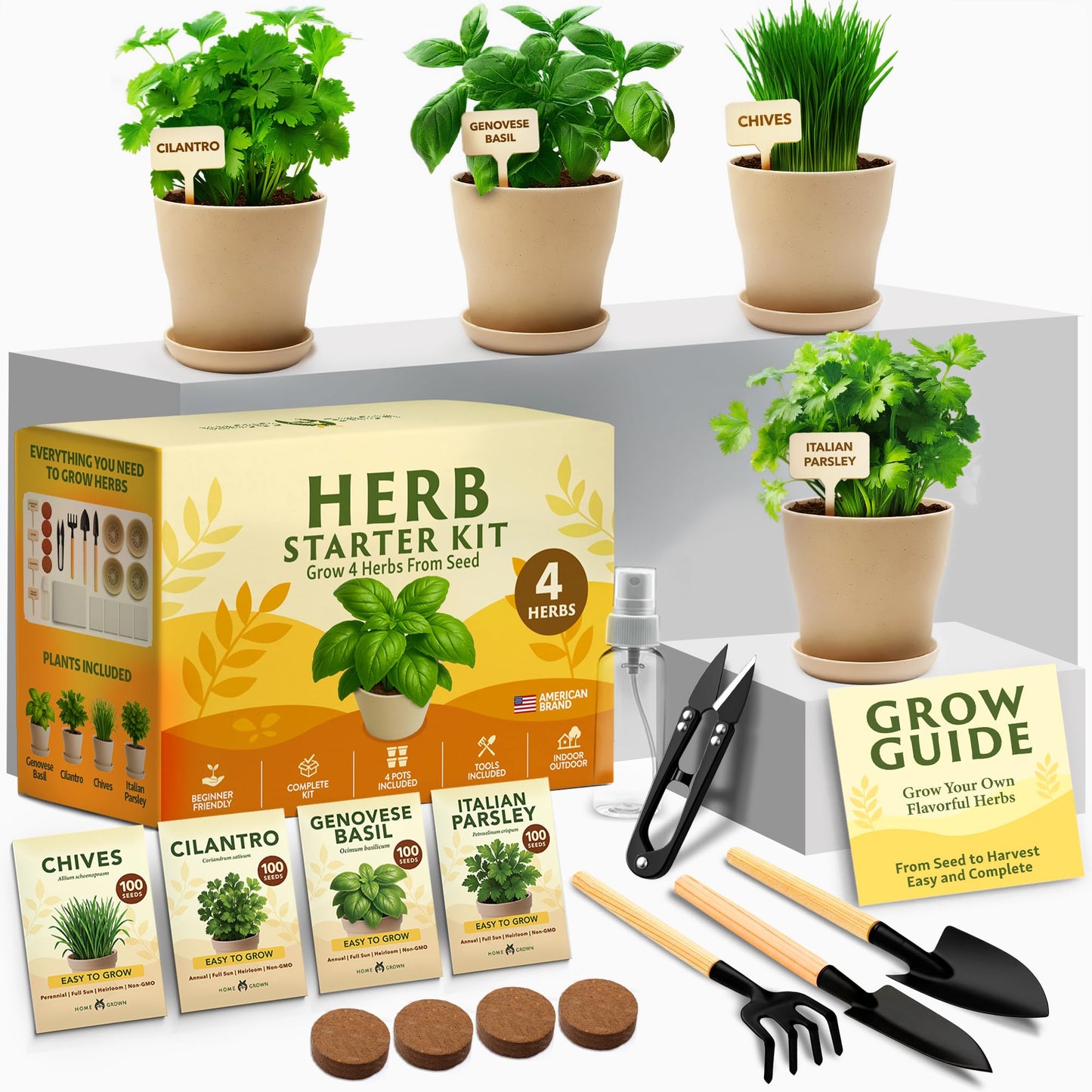 HOME GROWN Herb Garden Planter Indoor Kit â Unique Christmas Gift for Adults, Men, & Women - Grow 4 Heirloom Herb Seeds on Kitchen Window â Beginner DIY Craft & Hobby Gardening Gift for Plant Lovers