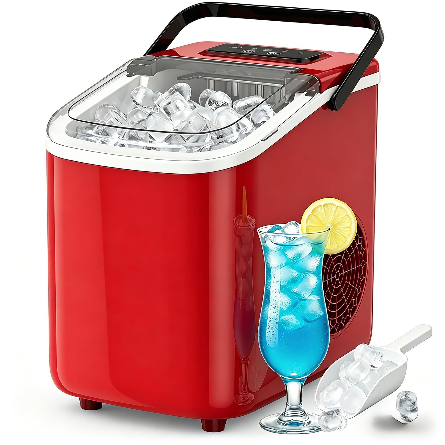 Bayany Countertop Ice Maker with Handle, 26lbs/24H, Small Portable Self-Cleaning Ice Machine with Basket and Scoop, 9 Bullet-Shaped Ice Cubes in 6 Mins for Home Kitchen, Parties, Camping