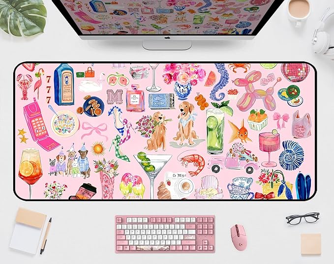 Funny Pink Desk Mat, Cute Colorful Desk Matt, for Desktop Large XXL, Gaming Mouse Pad, Anti Slip Mousepad Extended Deskpad Laptop Keyboard Computer Mat Desk Decor, for Women 31.5"X15.7"