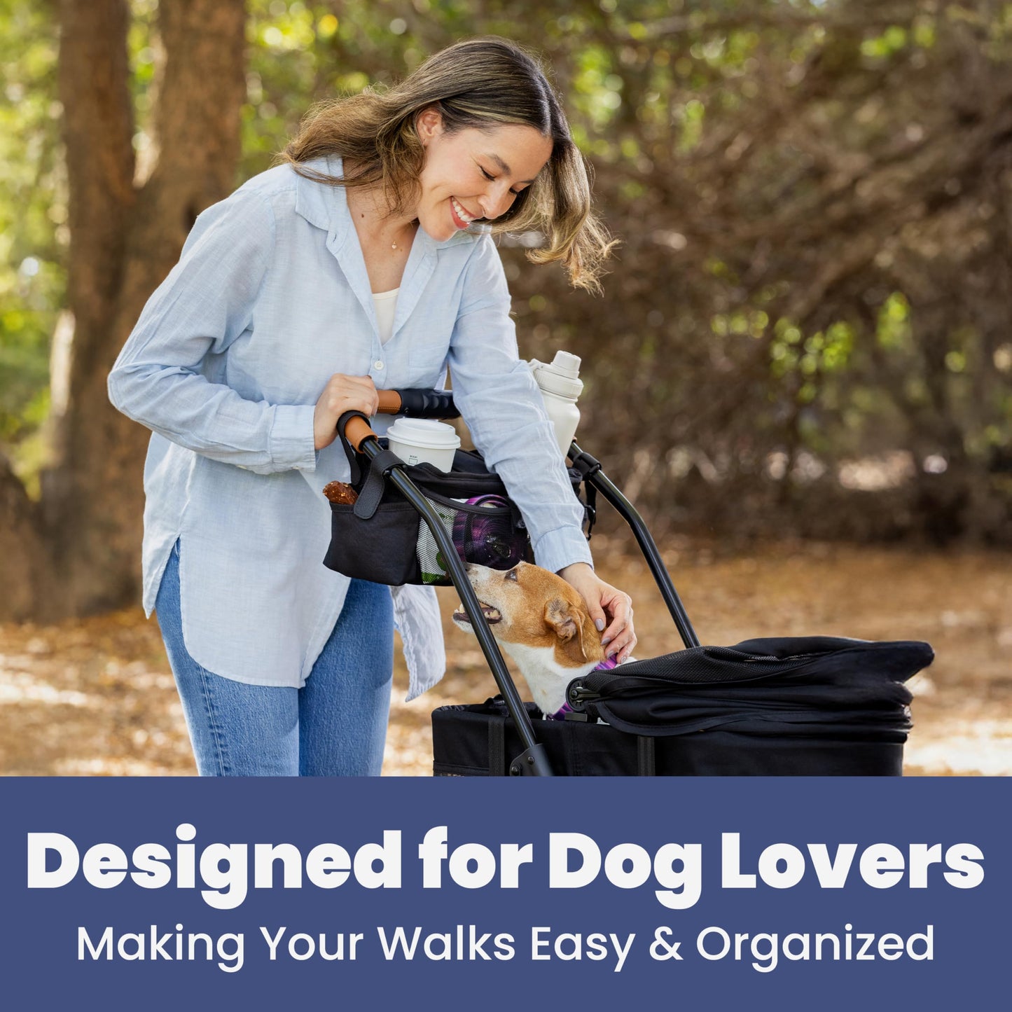 Dog Stroller Caddy Organizer with Poop Bag Dispenser, Treat Pocket, Water Bowl – Dog Stroller Accessories with Insulated Cup Holders, Pet Storage & Non-Slip Fit for 14"-19" Wide Handlebars - Paws