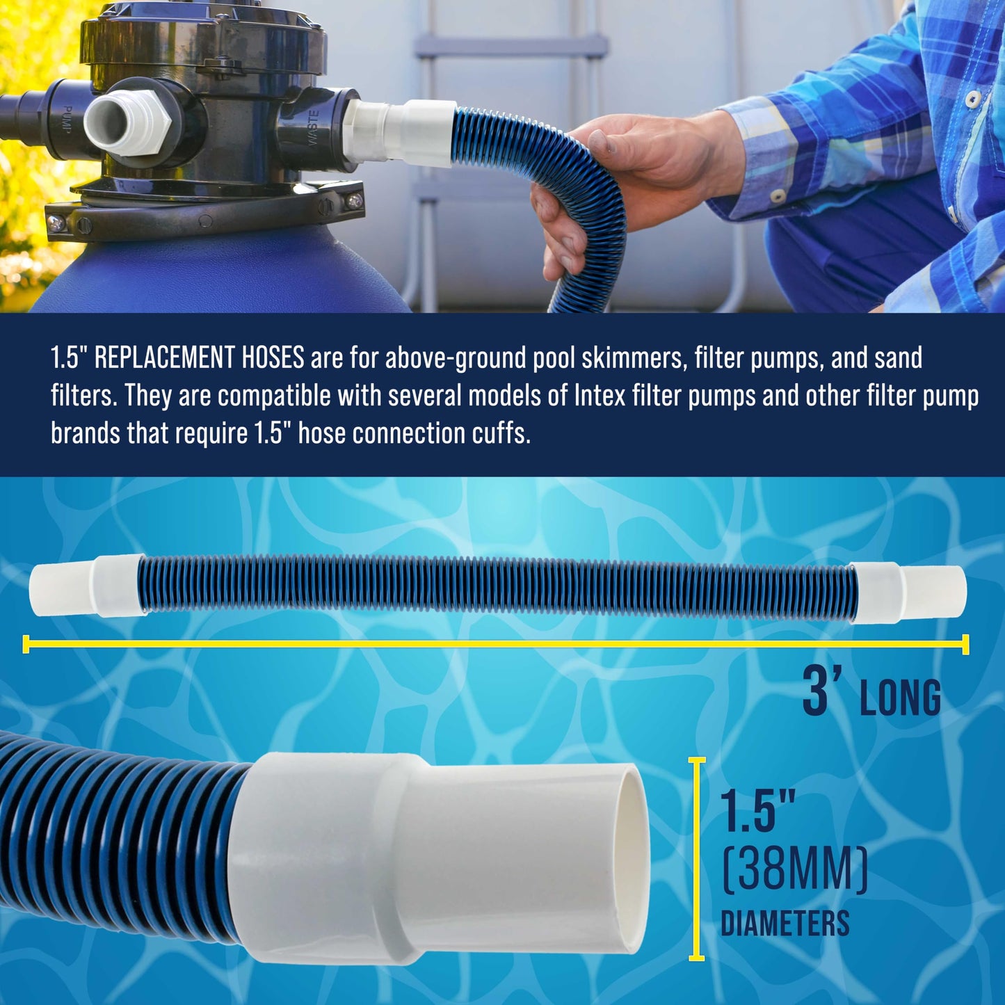 U.S. Pool Supply 1.5" Heavy-Duty Above Ground Pool Hose Replacement Kit - 2 Durable 3 Foot Hoses, 2 Connection Adapters, 4 Clamps - Compatible with Intex Pool Filter Pumps