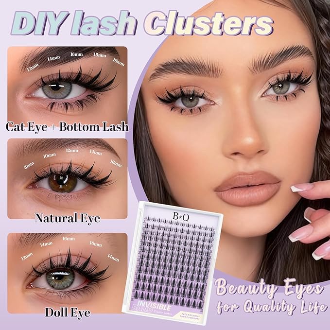 B&Q Fairy Lash Clusters Invisible Band False Eyelashes Clusters Natural Cluster Eyelash Extensions Comfortable Individual Lashes Extension DIY Soft Eyelash Clusters（Fairy-12mm）