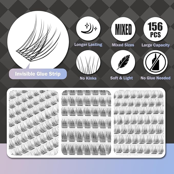 Self Adhesive Eyelashes, 156 Pcs Self Adhesive Eyelash Clusters, No Glue Needed, Invisible Strip Tape - Longer Lasting, No Sticky Residue Pre Glued Eyelashes (Natural-Mixed)Ã¢ÂÂ¦