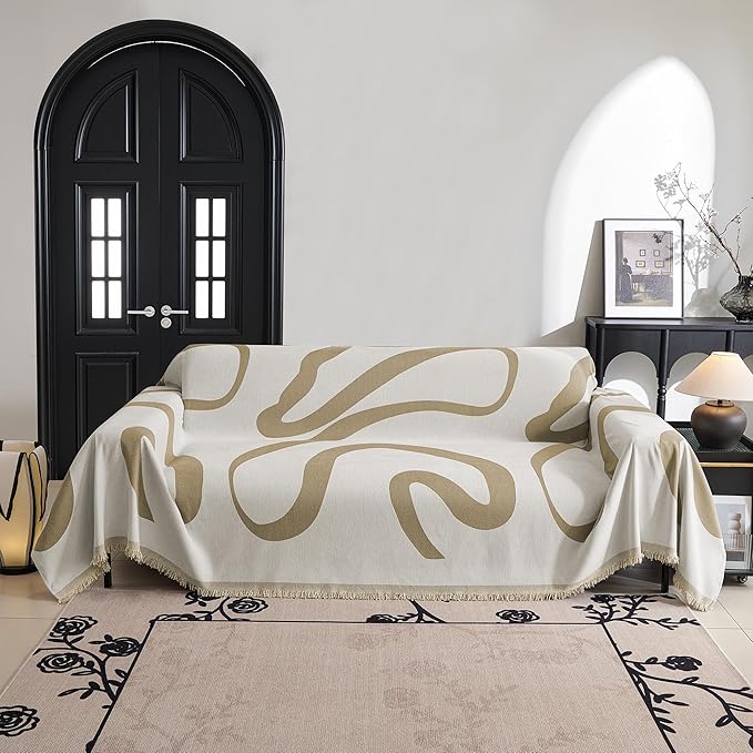MYSKY HOME Boho Couch Cover Super Soft Couch Covers for 2-3 Cushion Couch Sofa, Modern Khaki Jacquard Sofa Slipcover Loveseat Futon Cover, Couch Covers for Sectional Sofa, 71" x 102", Khaki Curve