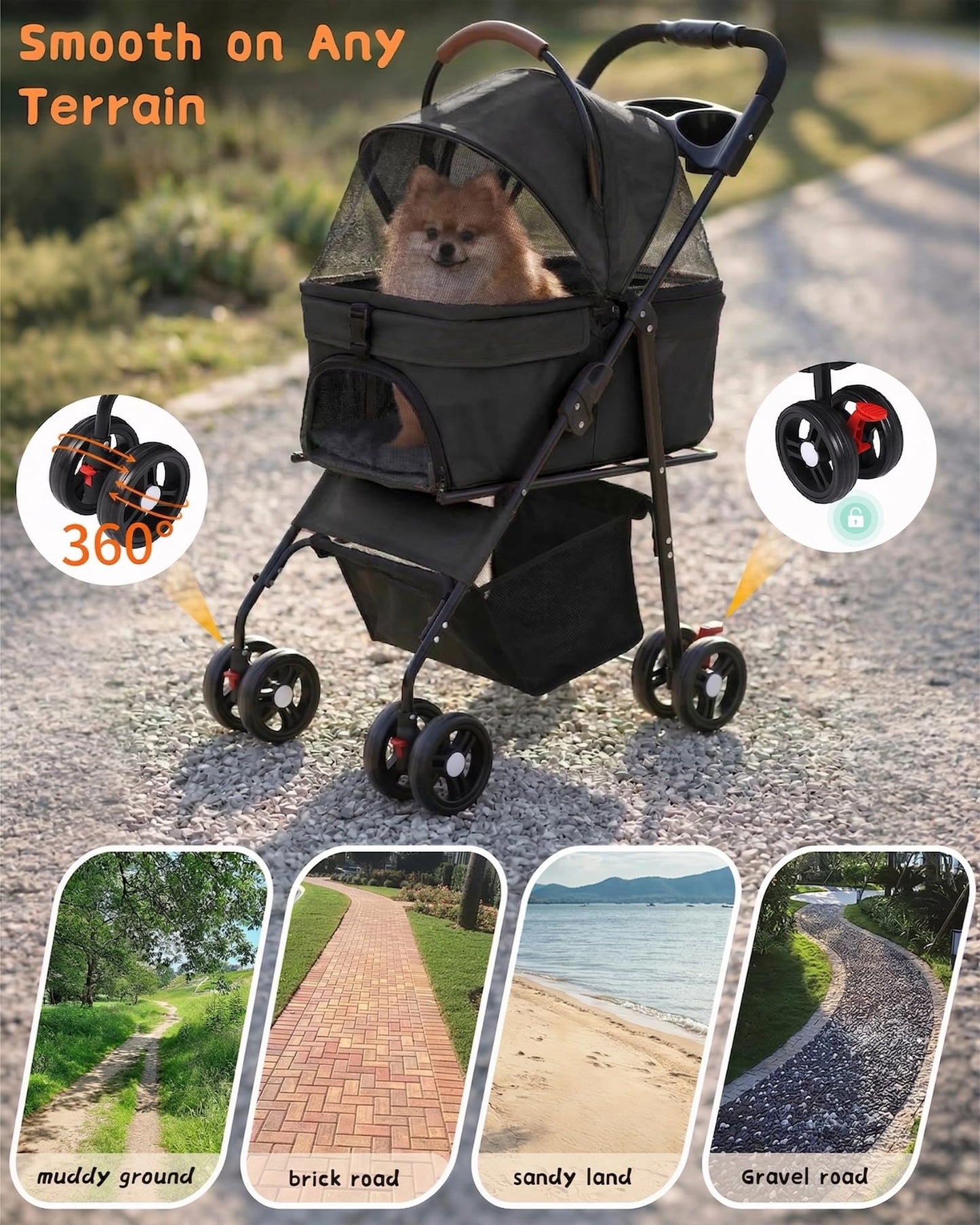 Pet Stroller with Removable Carrier, 35lbs Capacity - One-Click Foldable Dog Stroller, Cat Carrier & All-Terrain Wheels, Compact Travel Pet Stroller for Small to Medium Pets-Black