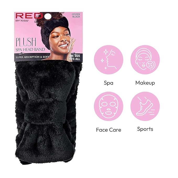 Red by Kiss Spa Headband for Washing Face Facial Makeup Bow Head Band Soft Plush Fleece Stretchy Head Wraps for Women Shower Bath Washing Face Mask (Black)