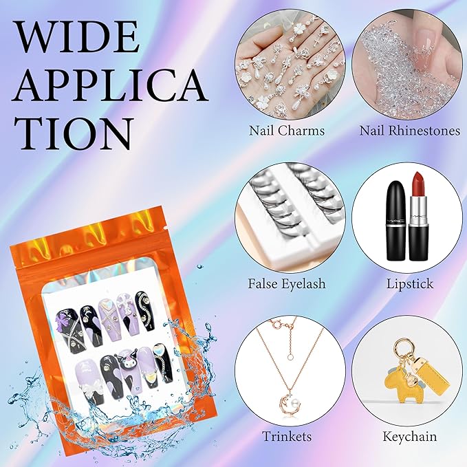 Qenk 100PCS Empty Holographic Nail Storage Bag Press on Nail Packaging Bag and 100PCS Shiny white cardboard Nail Tips Packaging Bags with 1 Roll Transparent Tape (Orange)