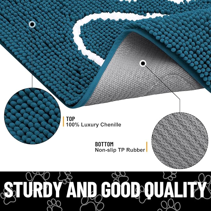 Smiry Dog Door Mat for Muddy Paws, Absorbent Dirt Trapper Non Slip Quick Dry Washable Chenille Mat for Mud Dogs, Entry Rug for Indoor and Outdoor (48x30 Inches, Atlantic Blue and White)