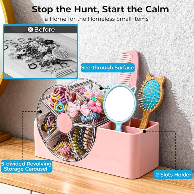 Hair Accessories Organizer for Girls, 2-Slot Hair Brush Holder & 5-Section Rotating Wheel, Cute Makeup Brush Holder for Hair Tile, Clip, Makeup Brush, Earring, Ring, Kids Vanity Accessories (Pink)