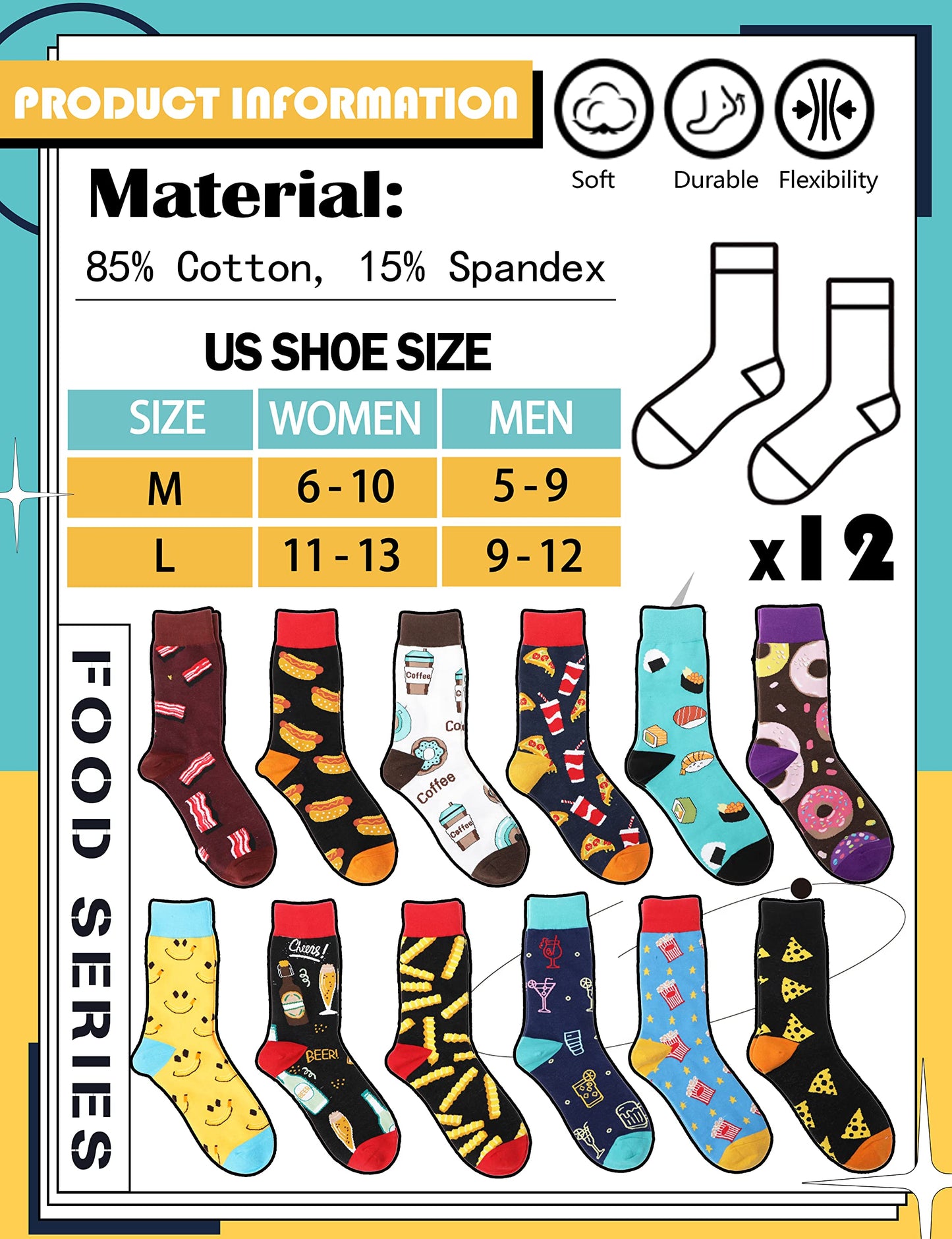 Funny Socks for Women Men Fun Cozy Crazy Cute Novelty Gifts for Father Men dad husband Breathable Cotton Boot Socks Stocking Stuffers（ Food A（12 Pairs）,L)