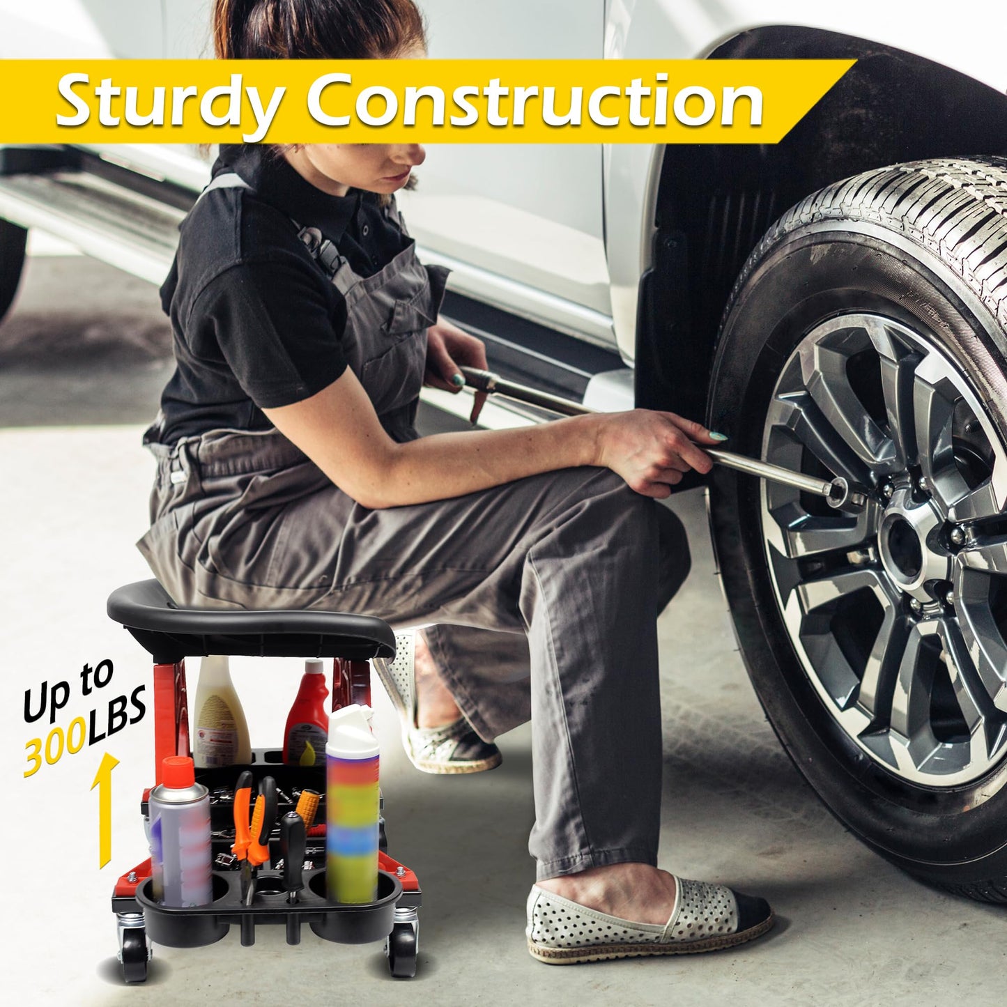 MaxWorks 50957 Ergonomic Seat Mechanic Stool Chair 22.9" L x 13.9" W x 17" H, with 4pcs 2.5" Swivel Casters, with Tool Tray for Workshop, Garage, Auto Repair - 300 Lbs Capacity
