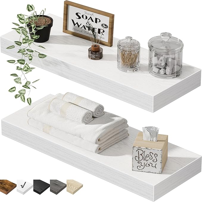 QEEIG Bathroom Floating Shelves for Wall - 15.7" Wall Mounted Shelf Over Toilet Farmhouse Home Decor Display Bookshelf Small 15.7 x 6.7 inch Set of 2, White (008-40W)