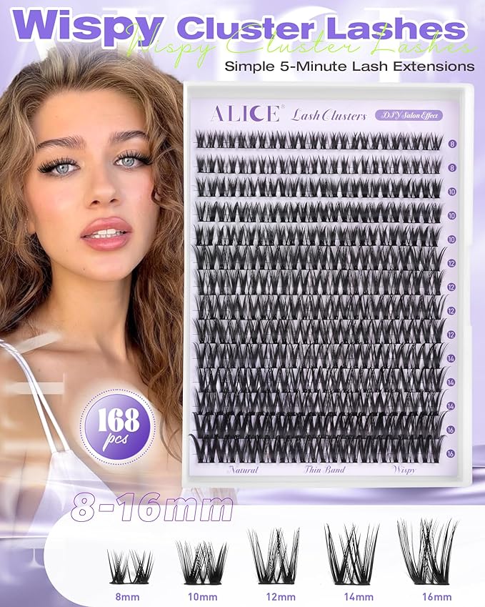ALICE Flaunt Lash Clusters Wispy Eyelash Clusters 8-16mm Thin Band Cluster Eyelash Extensions DIY Salon Individual Lashes 168pcs Natural Volume Lash Extensions